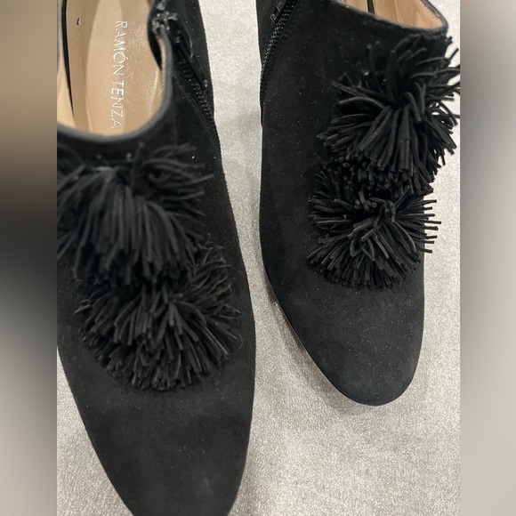 [8.5]RamonTenza Black Women's Pointy Suede Leather Ankle Heels Boots - Picture 3 of 8